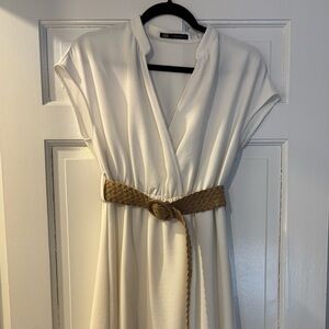 Zara White  Midi Dress with Tan Braided Belt